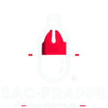 Logo minimaliste de sac-frappe.fr avec un sac de frappe en noir et rouge sur fond noir