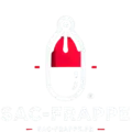 Logo minimaliste de sac-frappe.fr avec un sac de frappe en noir et rouge sur fond noir