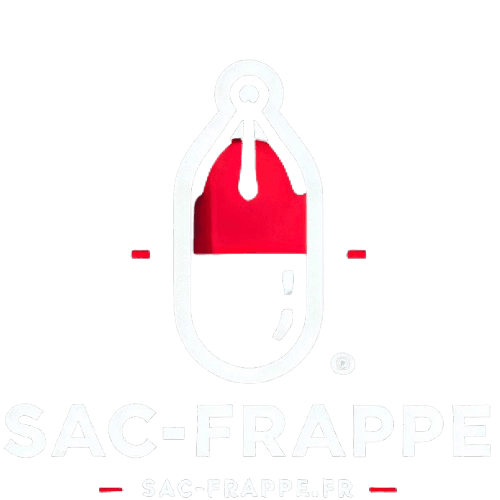 Logo minimaliste de sac-frappe.fr avec un sac de frappe en noir et rouge sur fond noir