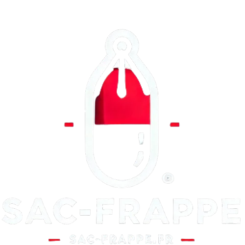 Logo minimaliste de sac-frappe.fr avec un sac de frappe en noir et rouge sur fond noir