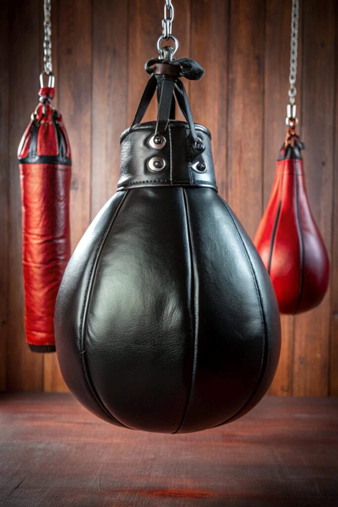 Sac de frappe noir avec équipement de boxe dans une salle d'entraînement