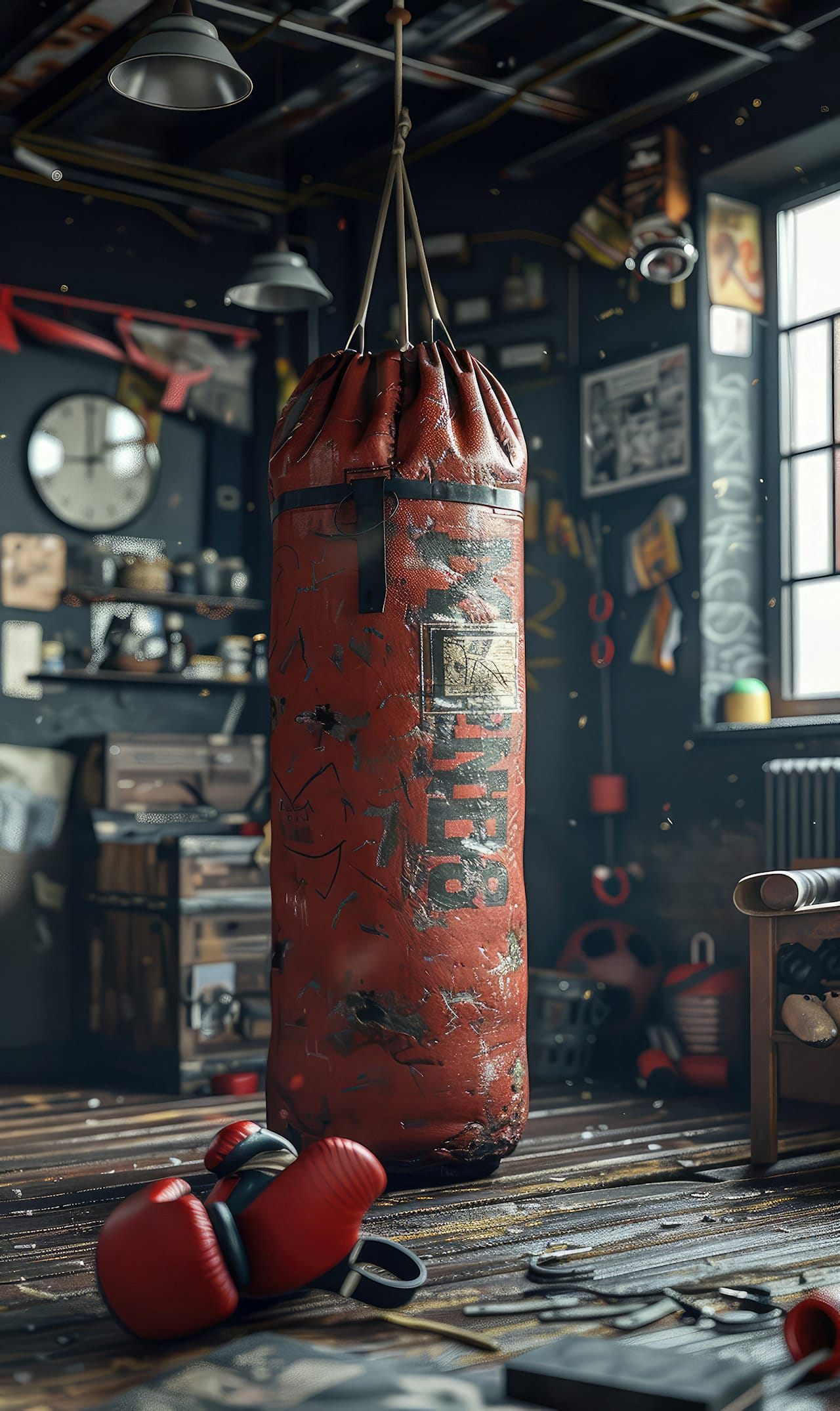 Sac de frappe vintage en cuir marron suspendu dans une salle de boxe